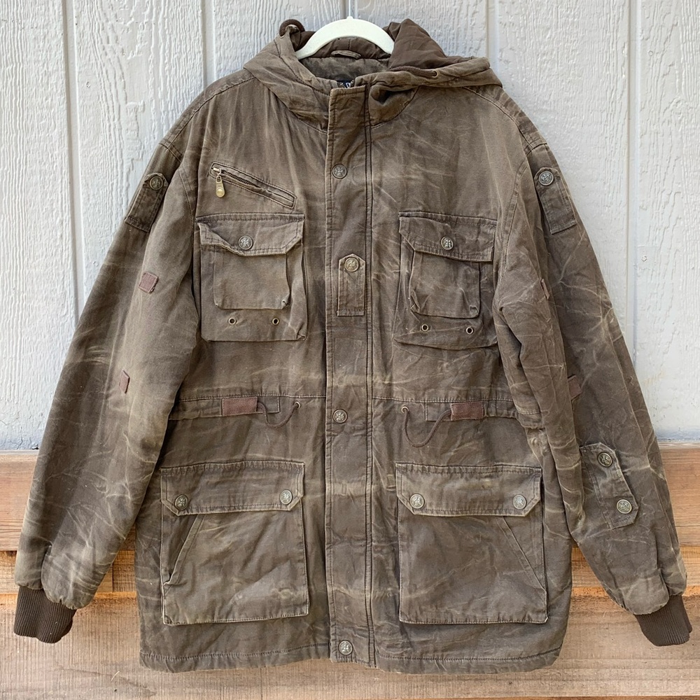 IVFZ heavy quilted distressed khaki canvas army utility jacket full zip coat - Picture 4 of 12